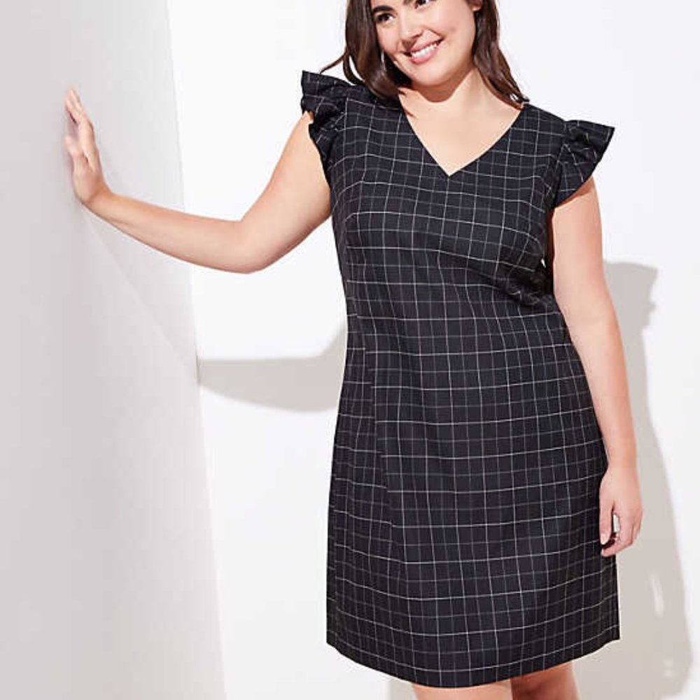 Sheath Windowpane Dress, V Neck, Ruffle Sleeves